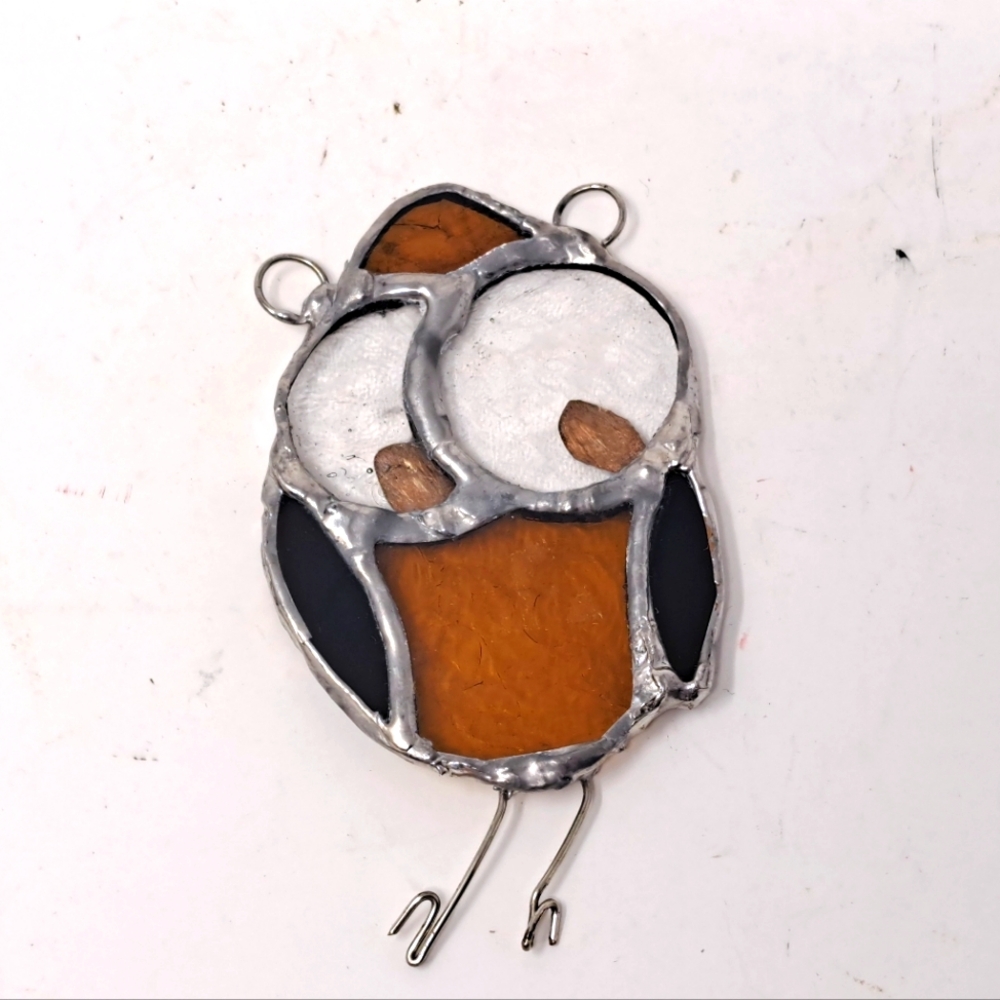 Stained Glass Brown Owl With Googly Eyes And Wire Feet